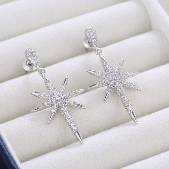 NEW Silver Diamond North Star Drop Earrings - Picture 7 of 9